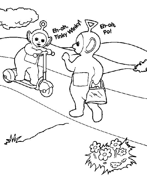 Les Teletubbies s'amusent dans un paysage verdoyant