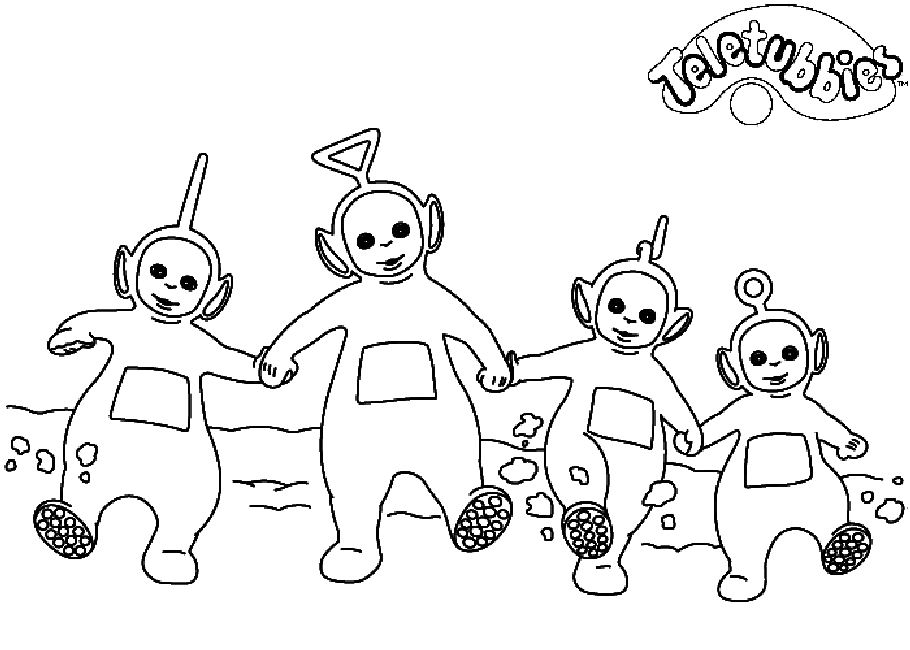 Coloriage des Teletubbies jouant dans un paysage verdoyant