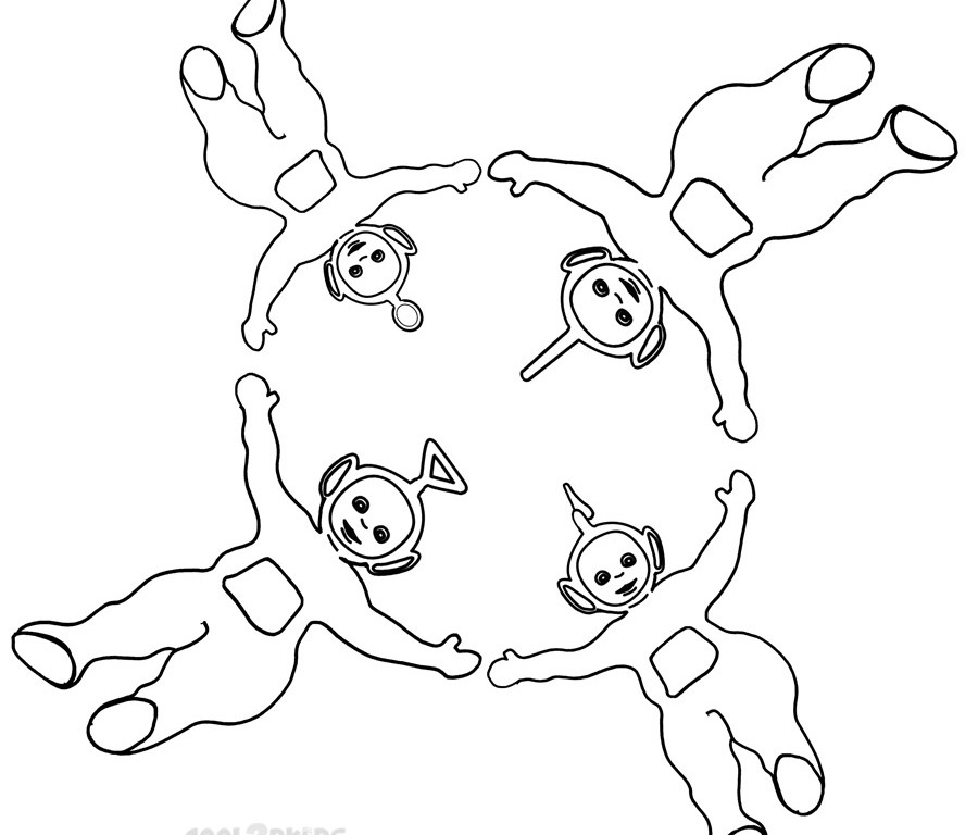 Les Teletubbies s'amusent dans un paysage verdoyant