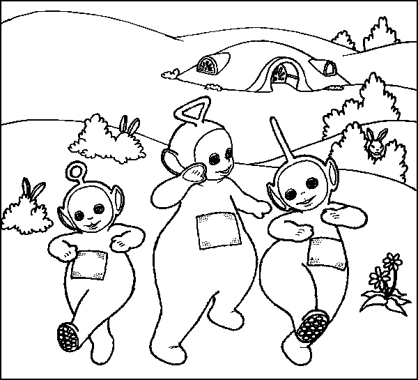 Les Teletubbies en pleine exploration dans un paysage joyeux