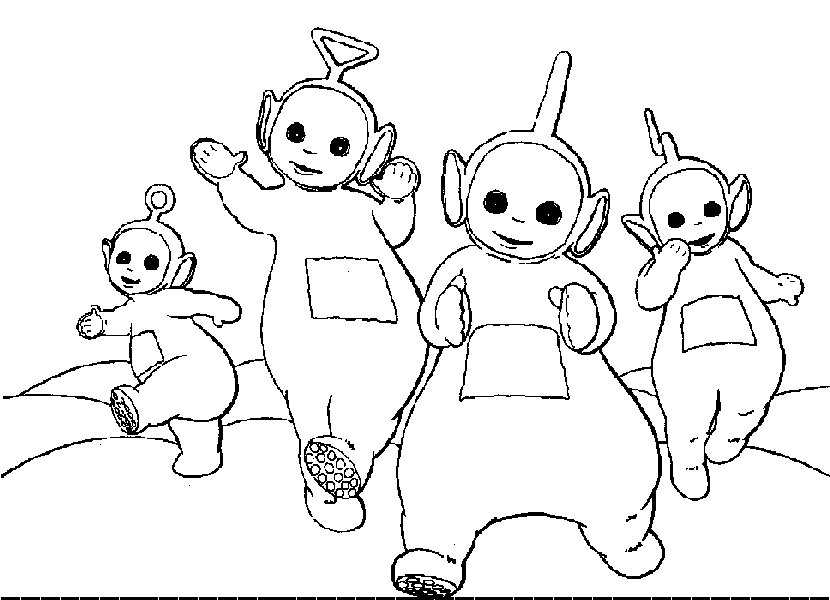 Les Teletubbies s'amusent dans un paysage ensoleillé