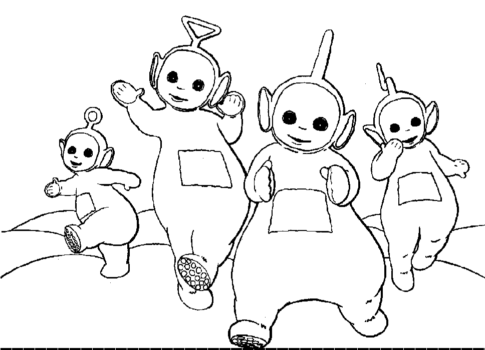 Les Teletubbies s'amusent dans un paysage verdoyant