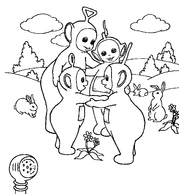 Les Teletubbies s’amusent dans un paysage verdoyant