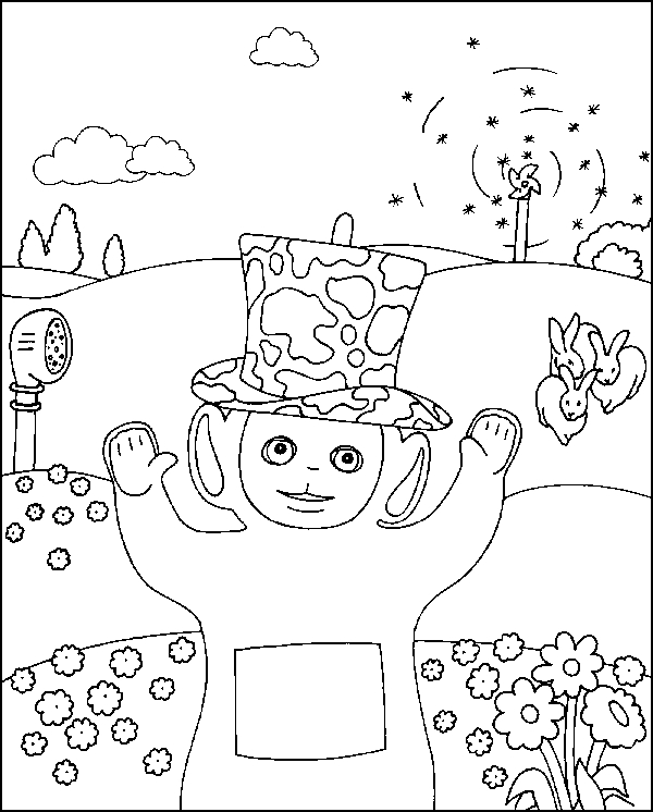 Coloriage des Teletubbies dans un paysage ensoleillé Coloriage des Teletubbies dans un paysage ensoleillé
