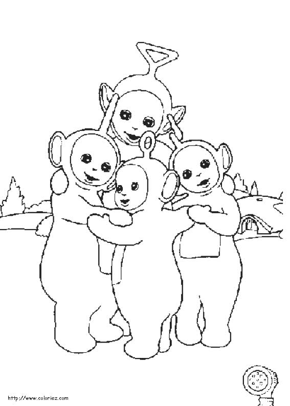 Coloriage des Teletubbies en pleine activité dans un décor de prairie