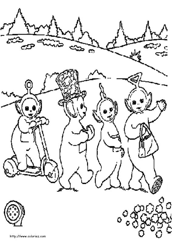 Les Teletubbies jouant dans un paysage ensoleillé