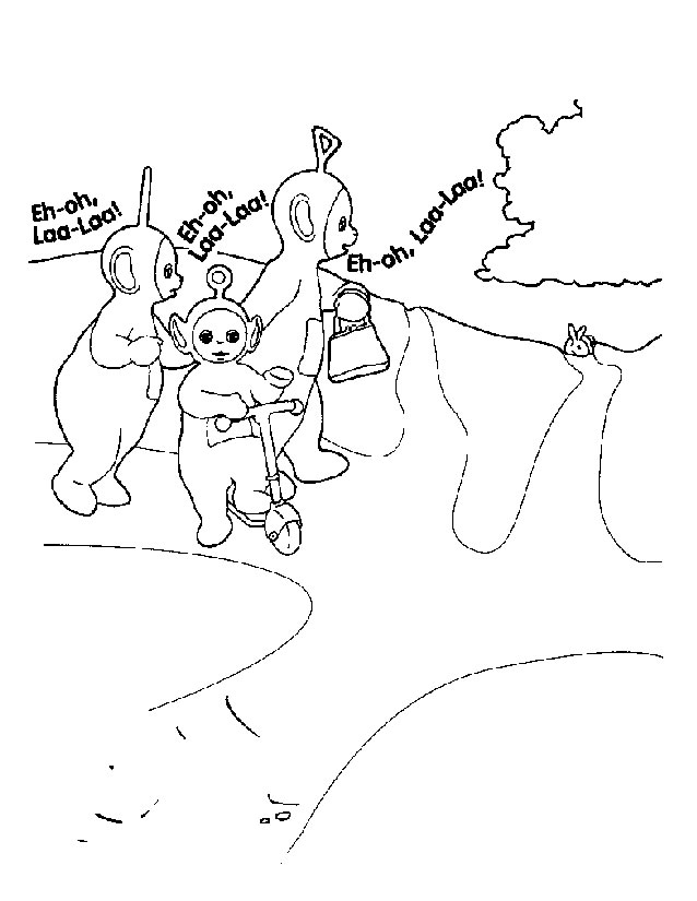 Les Teletubbies jouant dans un paysage coloré