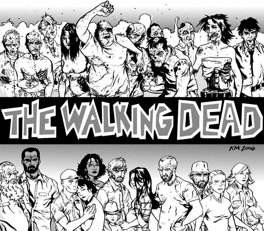 Coloriage de personnages emblématiques de The Walking Dead dans un décor apocalyptique