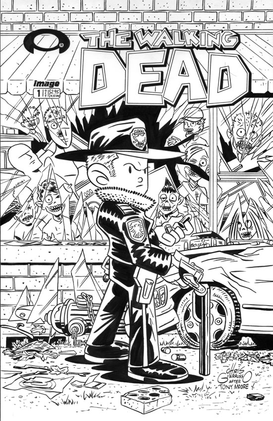 Coloriage de Rick Grimes face à des zombies dans un décor post-apocalyptique Coloriage de Rick Grimes face à des zombies dans un décor post-apocalyptique