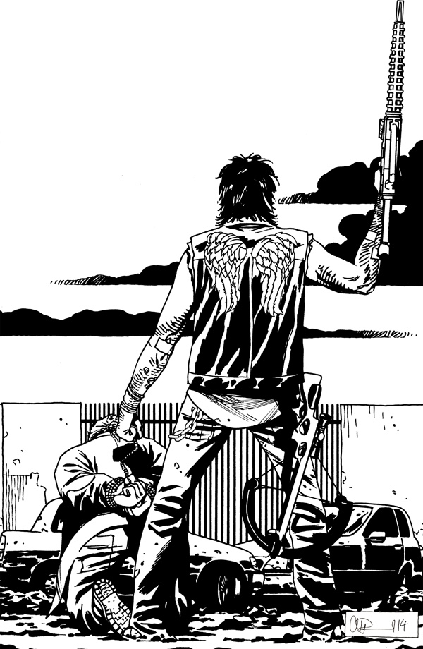 Coloriage de Rick Grimes en pleine action dans un paysage apocalyptique Coloriage de Rick Grimes en pleine action dans un paysage apocalyptique