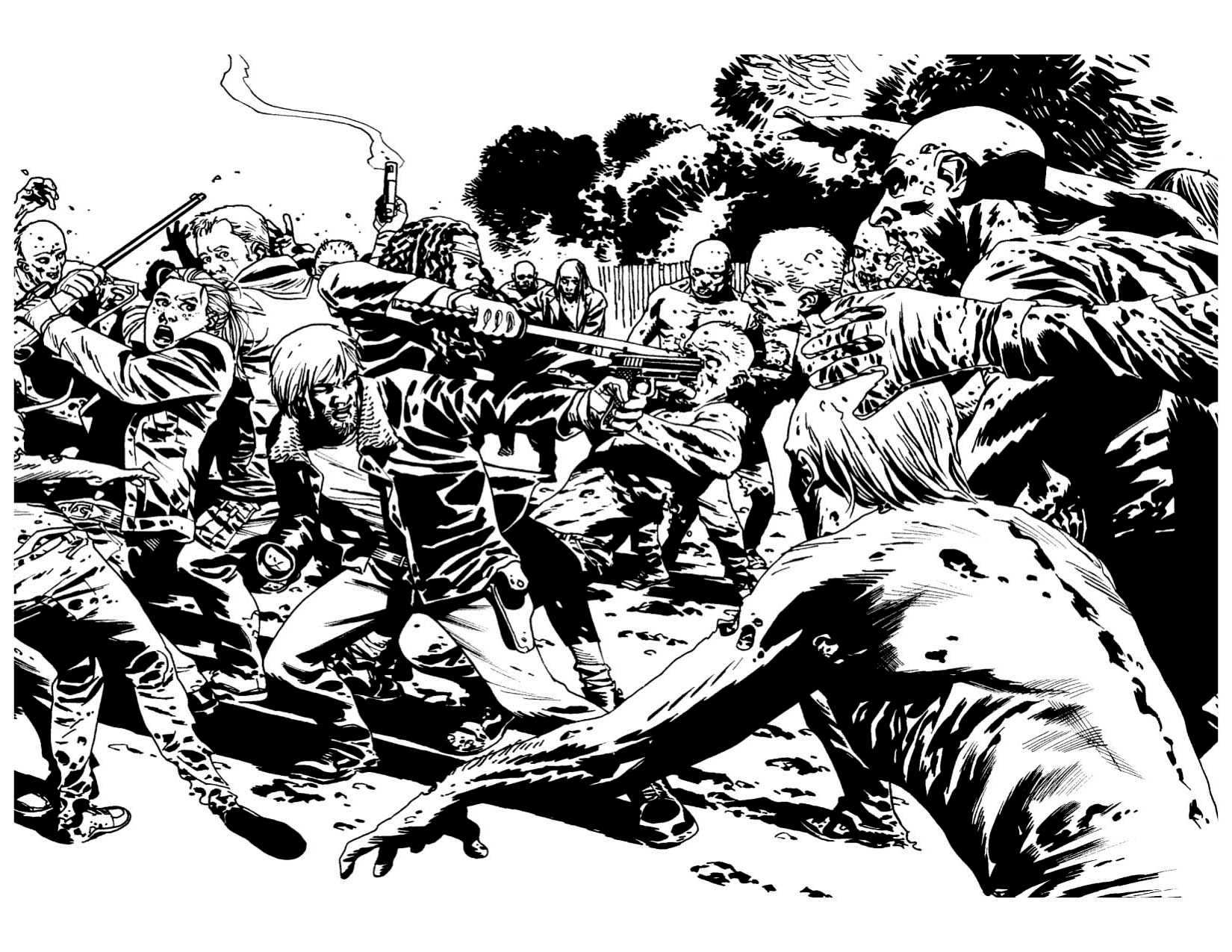 Coloriage de Rick Grimes avec son revolver dans un décor post-apocalyptique