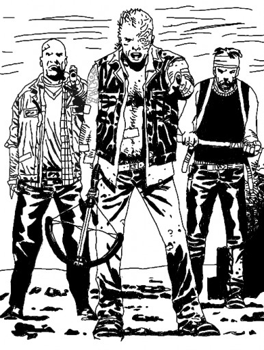 Scène de The Walking Dead avec des personnages emblématiques dans un décor apocalyptique
