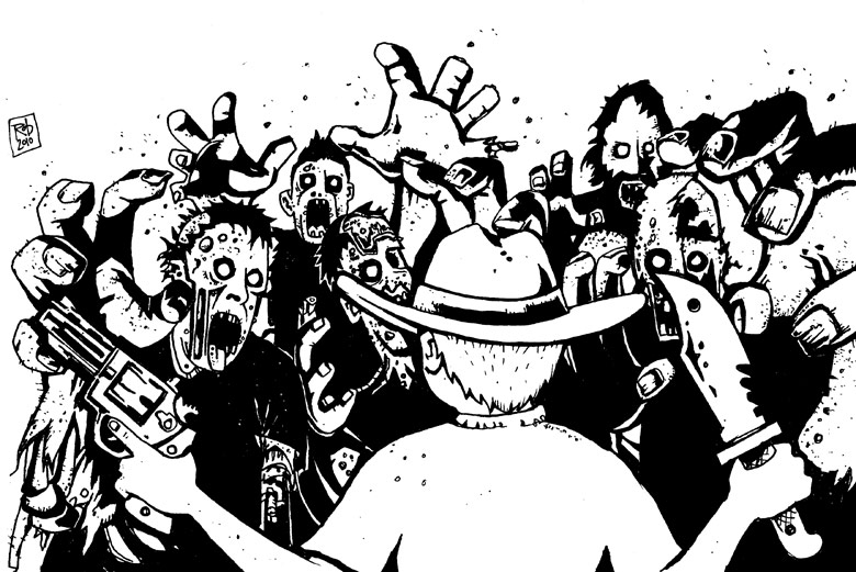 Scène de The Walking Dead : un groupe de survivants face à une menace Scène de The Walking Dead : un groupe de survivants face à une menace