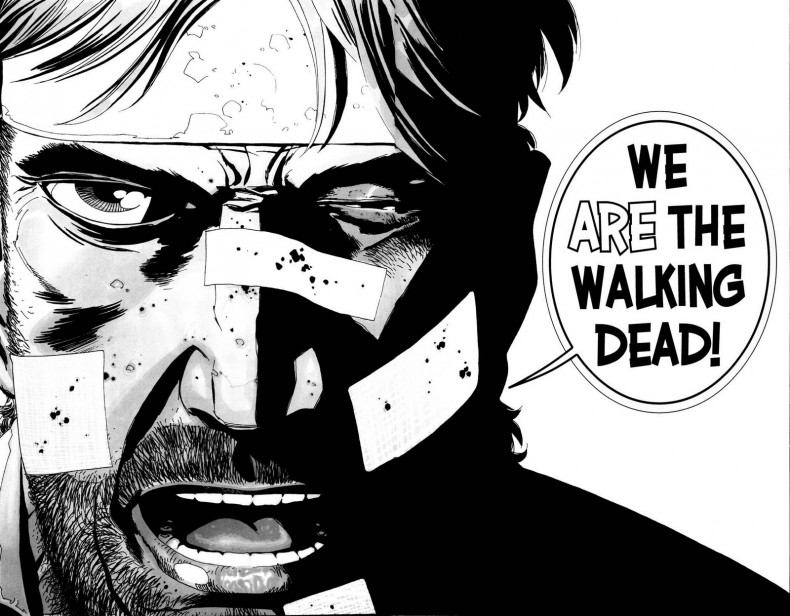 Personnages de The Walking Dead en pleine confrontation dans un décor post-apocalyptique Personnages de The Walking Dead en pleine confrontation dans un décor post-apocalyptique
