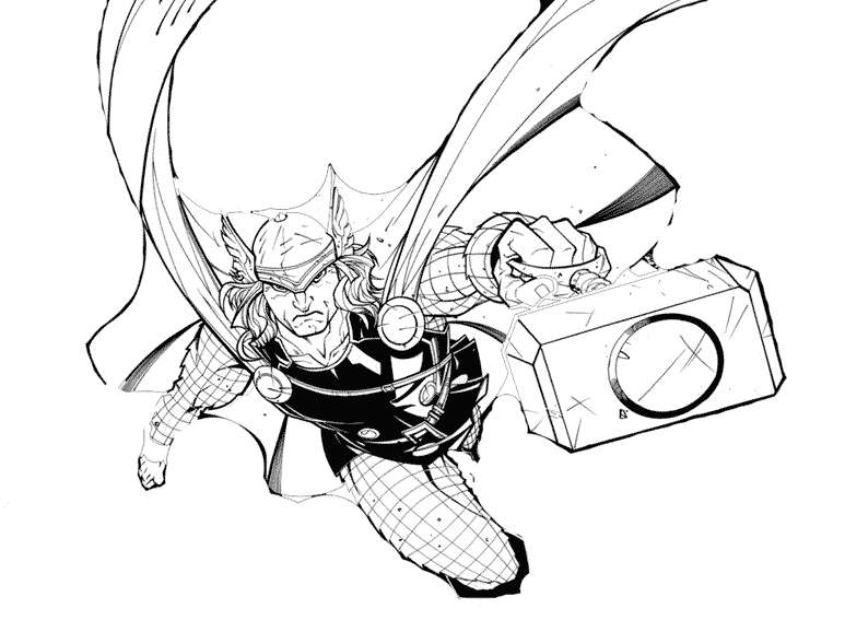 Thor brandissant son marteau dans une scène dynamique