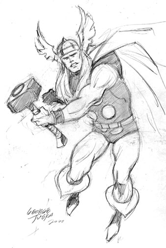 Thor brandissant son marteau Mjolnir au milieu des nuages
