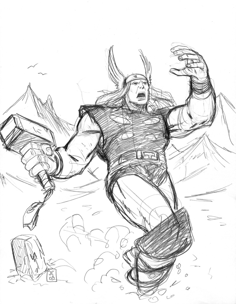Thor brandissant son marteau dans un paysage dynamique