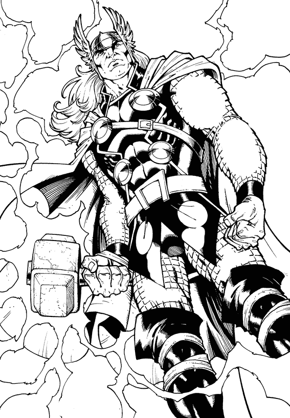 Thor brandissant son marteau Mjolnir au milieu d'un paysage dramatique