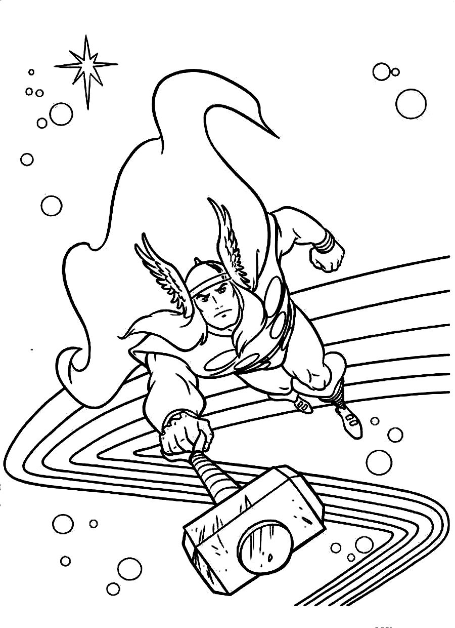 Thor brandissant son marteau dans un paysage héroïque