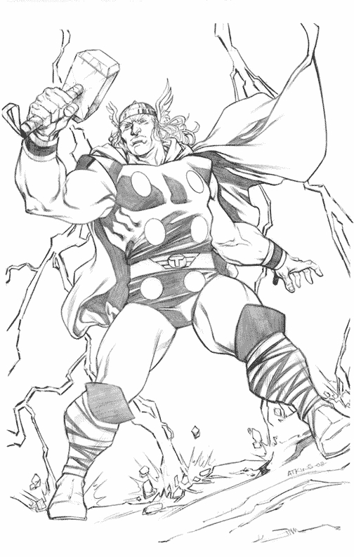 Thor brandissant son marteau dans un décor nordique