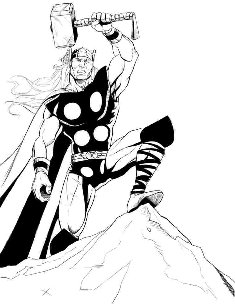 Thor brandissant son marteau dans un paysage nuageux