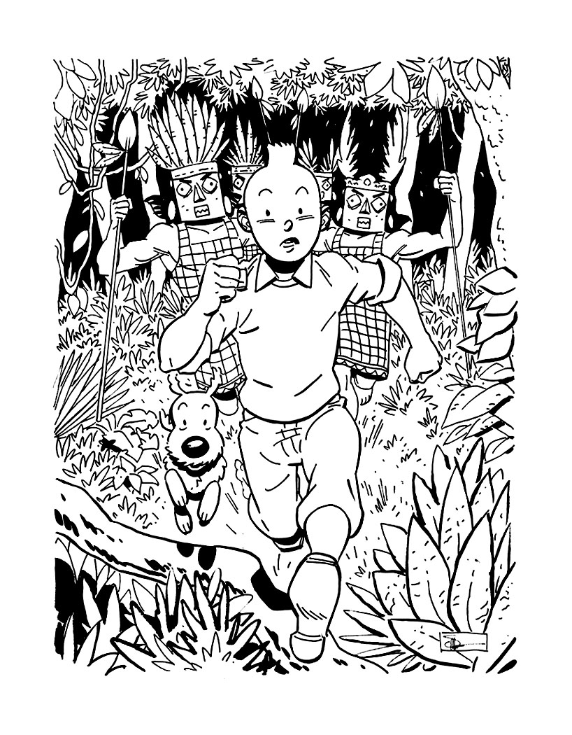 Tintin et Milou explorent une scène de village animé