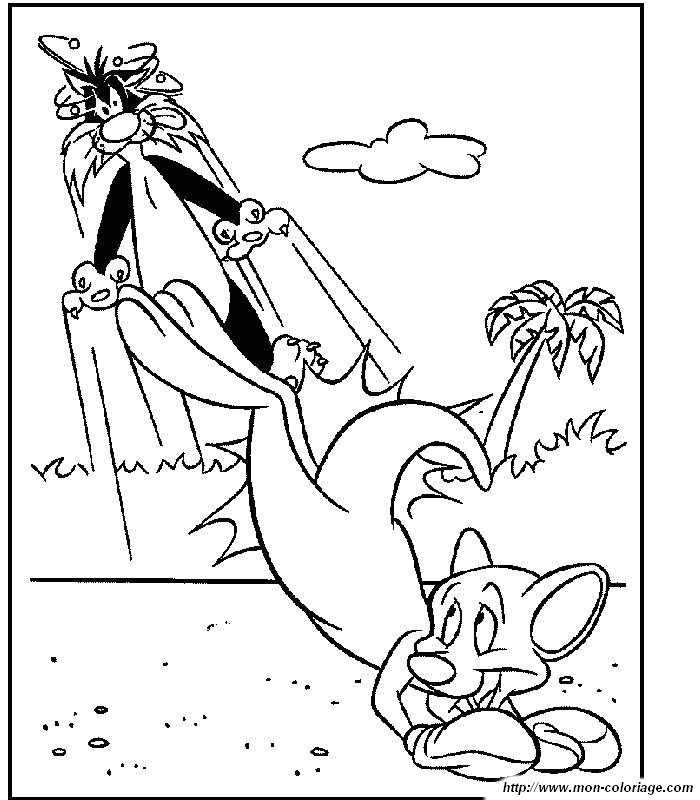Titi et Gros Minet en pleine aventure sur un fond paisible
