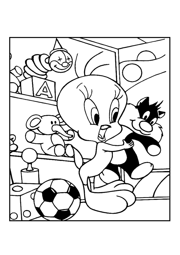 Titi et Grosminet se disputent un morceau de fromage dans un décor bucolique