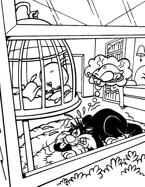 Titi et Grosminet jouant dans un décor ensoleillé