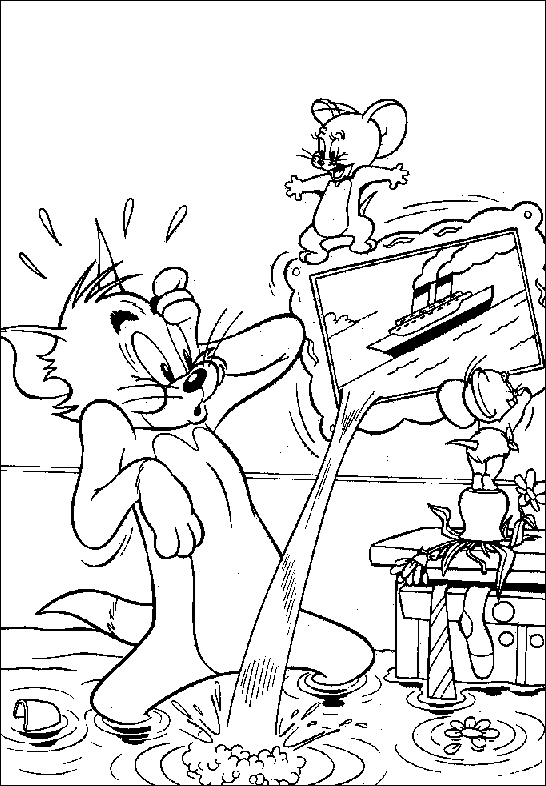Tom et Jerry en pleine course-poursuite dans un décor domestique