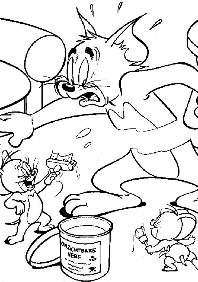 Coloriage de Tom et Jerry en pleine course dans un décor intérieur