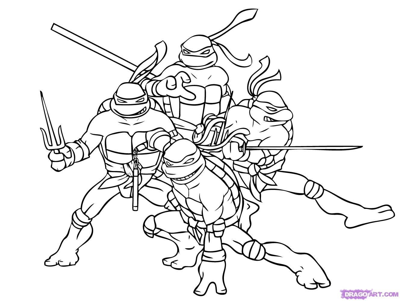 Coloriage des Tortues Ninja en pleine action dans leur environnement urbain