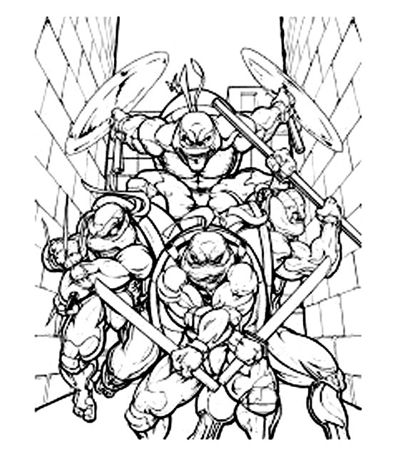 Coloriage des Tortues Ninja en pleine action dans un décor urbain