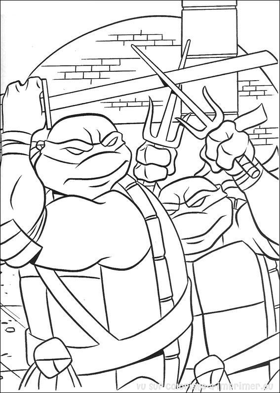 Coloriage des Tortues Ninja en pleine action dans leur repaire