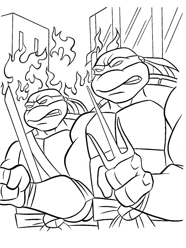 Coloriage des Tortues Ninja en pleine action dans leur univers