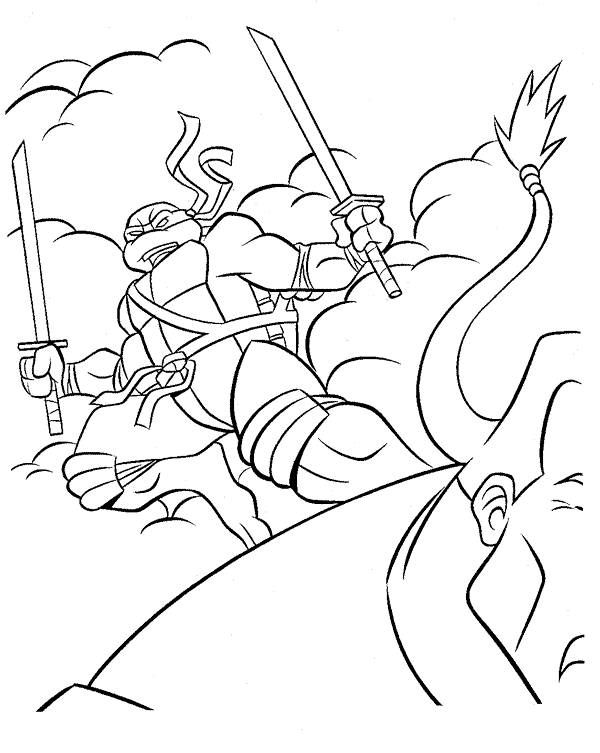 Coloriage des Tortues Ninja en pleine action dans un décor urbain