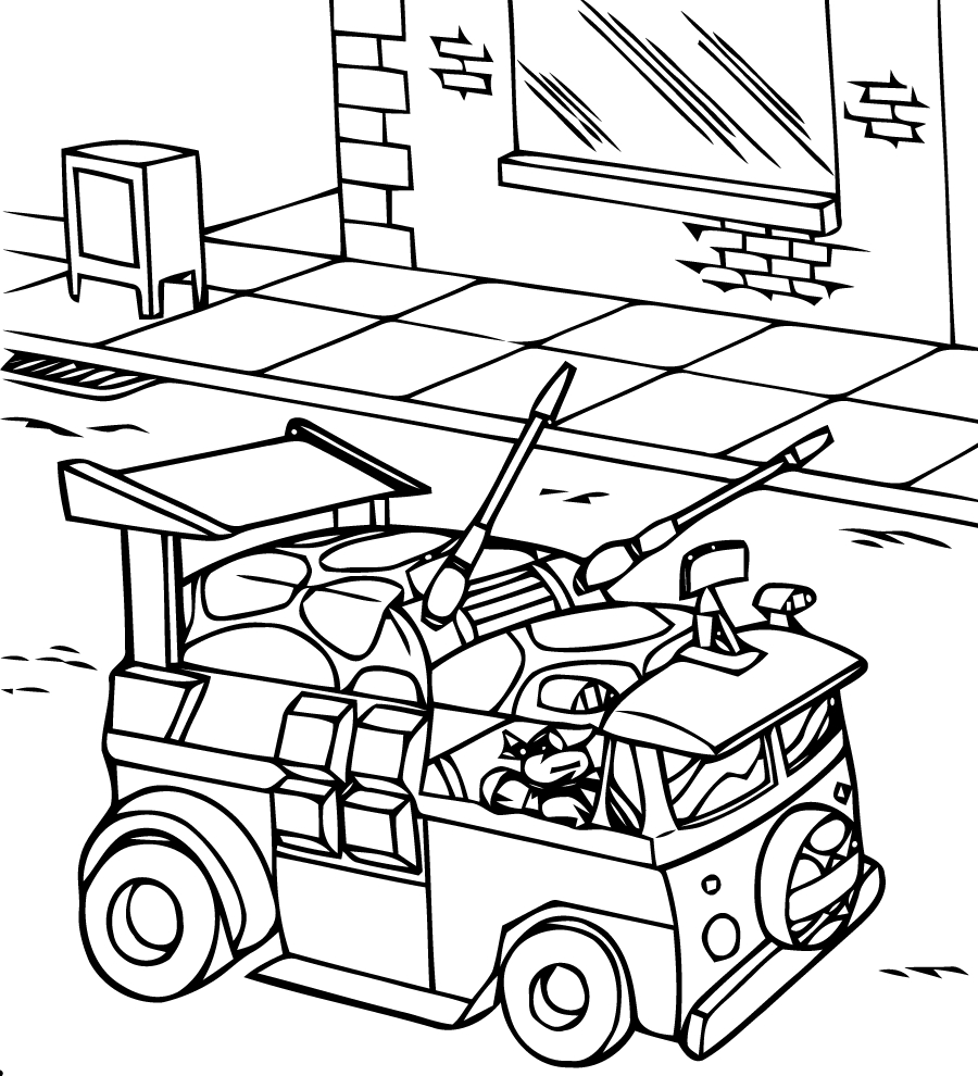Coloriage des Tortues Ninja en pleine action dans un décor urbain