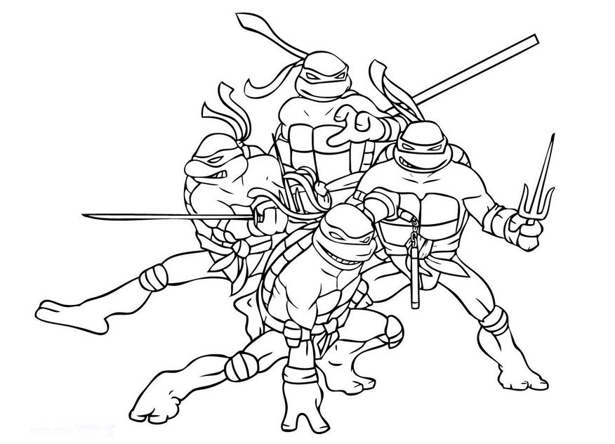 Coloriage des Tortues Ninja en pleine action dans un décor urbain