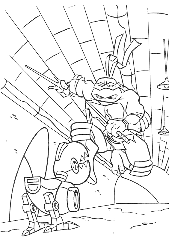 Coloriage de tortues ninja en pleine action dans un décor urbain