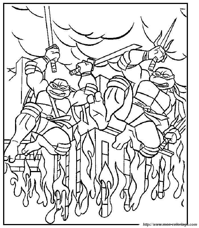 Coloriage des Tortues Ninja en pleine action dans leur environnement urbain