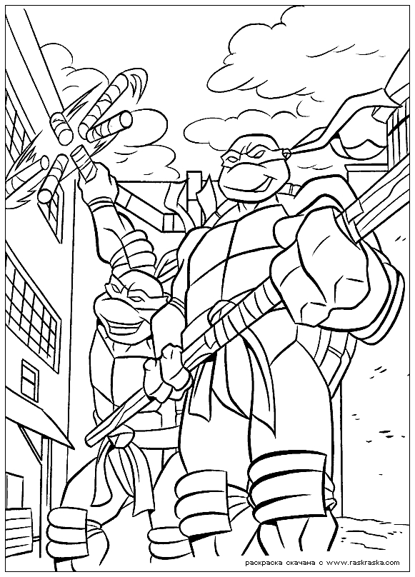 Coloriage des tortues ninja dans une pose dynamique