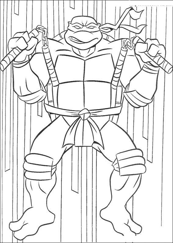 Coloriage de Tortues Ninja en pleine action dans un décor urbain