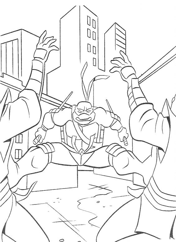 Les Tortues Ninja en pleine action dans un décor urbain