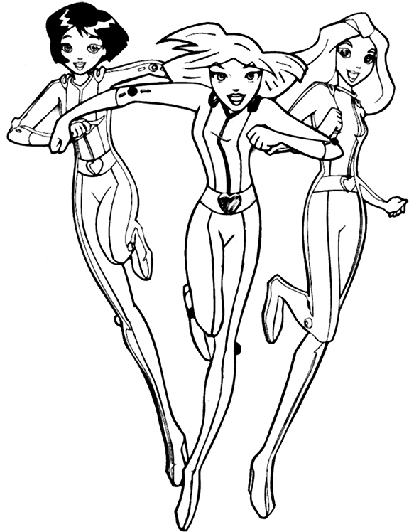 Coloriage de Totally Spies en mission avec un décor urbain