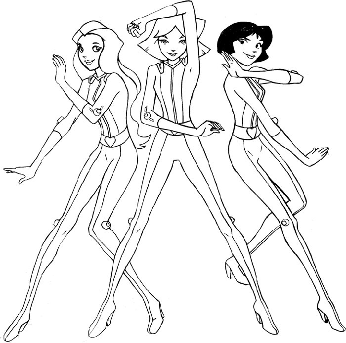 Coloriage de Totally Spies avec Sam, Clover et Alex en mission