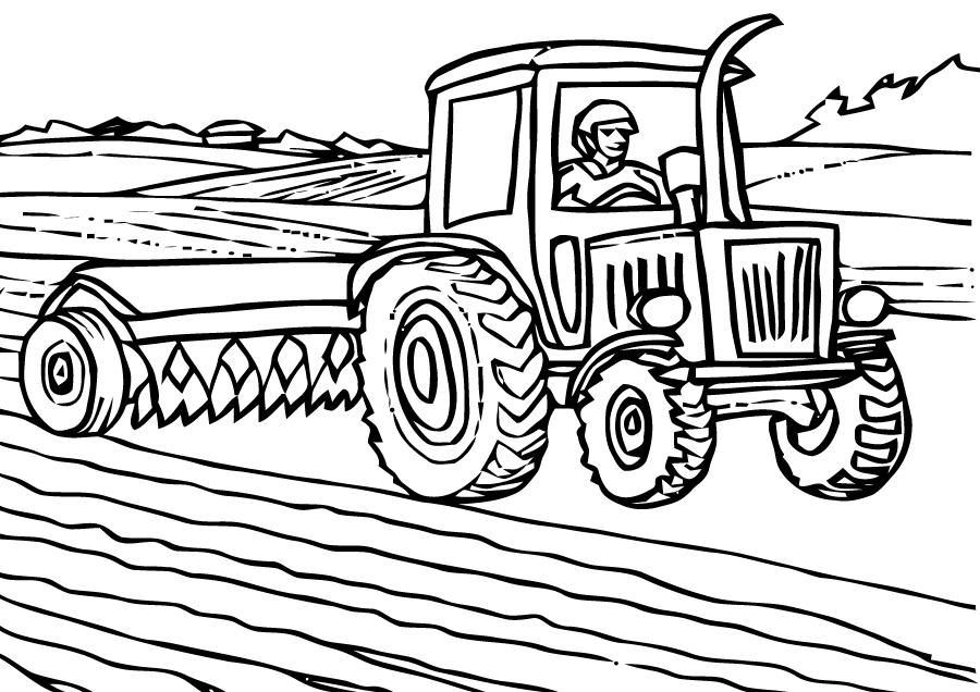 Coloriage d'un tracteur sur un champ avec un ciel dégagé