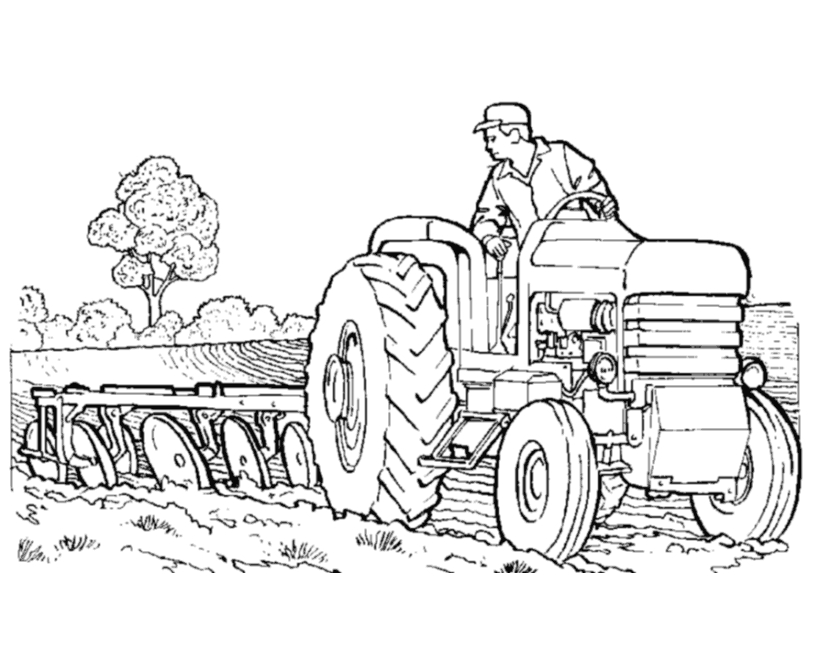 Coloriage d'un tracteur dans un paysage de campagne