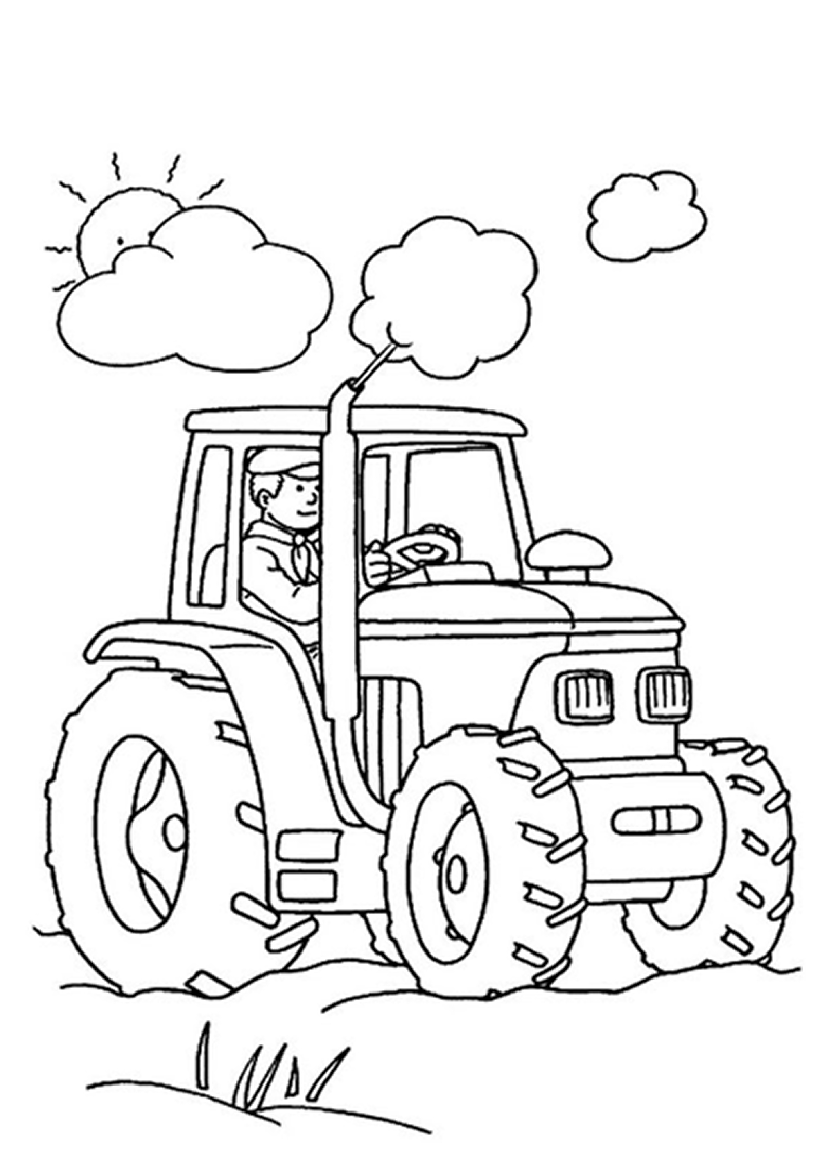 Coloriage d'un tracteur sur un champ avec des collines en arrière-plan