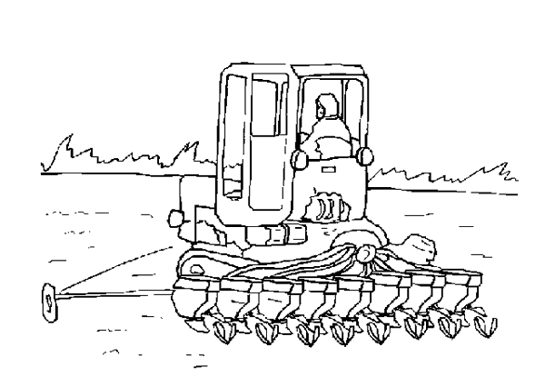 Coloriage d'un tracteur en pleine campagne avec un champ en arrière-plan