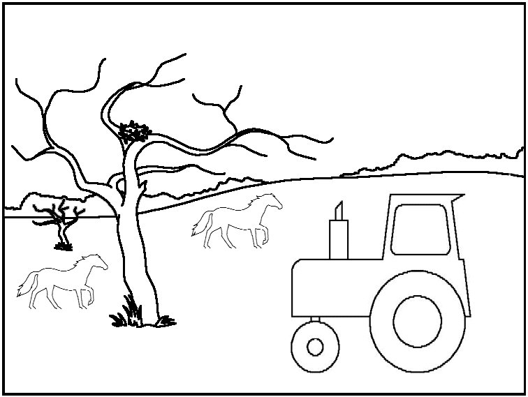 Coloriage d'un tracteur sur un champ avec un ciel nuageux